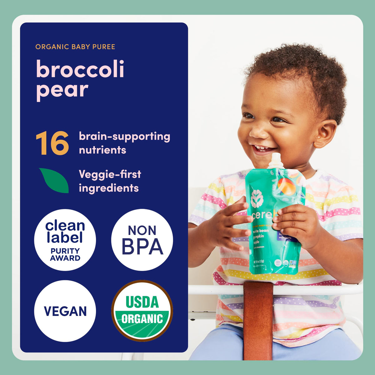 Cerebelly Organic Baby Food Pouches, Broccoli Pear Purees, 16 Nutrients, No Added Sugar, Fiber & Non-GMO, 4oz, 1 Count