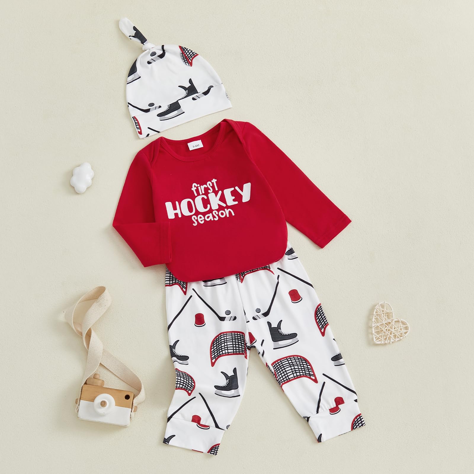 Doqcey Baby Boy Hockey Outfit New Player in Town Long Sleeve Romper Long Pants Hat Set 3Pcs Newborn Fall Winter Clothes (Red, 3-6 Months)