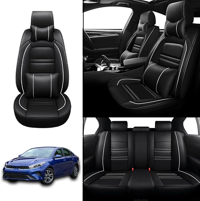 Car Seat Covers for kia Forte 2010-2024 | 5-Seats Seat Covers, Waterproof Seat Protectors, Automotive Seat Covers (Full Set with Pillow,Black&White Line)