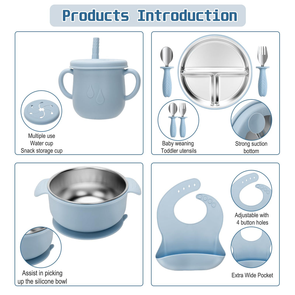 MISSLILI Stainless Steel Kids Plates and Bowls Set with Suction - (Blue)
