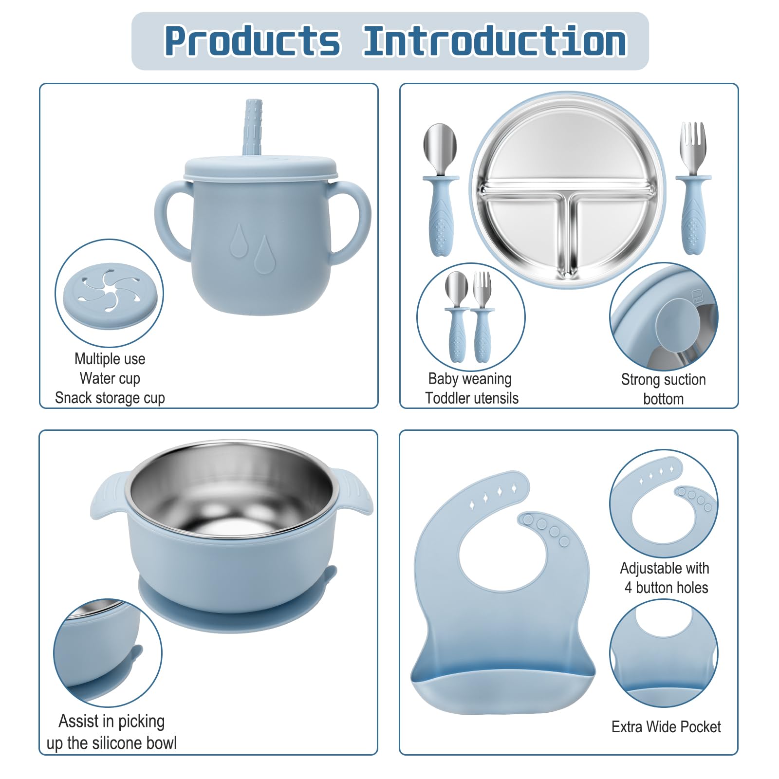 MISSLILI Stainless Steel Kids Plates and Bowls Set with Suction - (Blue)