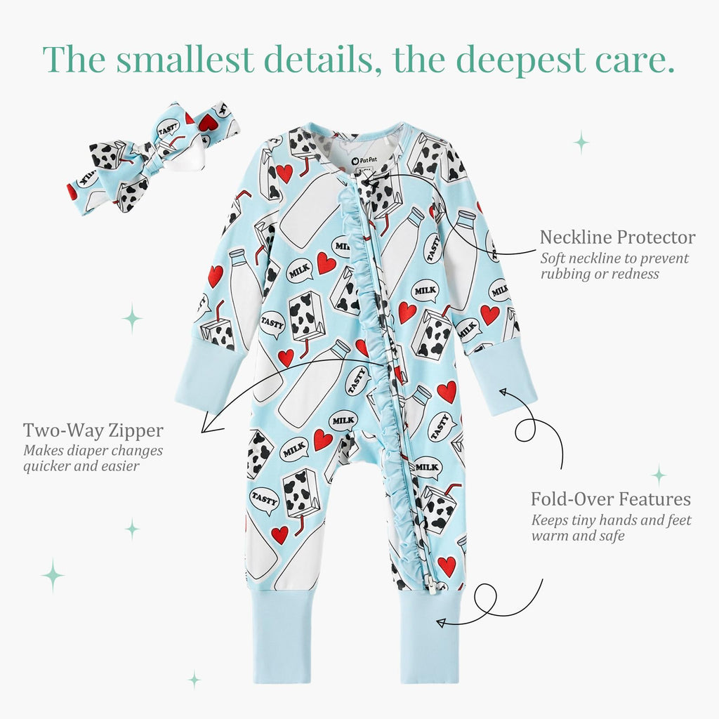 PATPAT Baby Girl Infant Clothes Footie – Soft Viscose from Bamboo, Stretch Feel – 2-Way Ruffled Zipper, Fold-Over Mittens & Cuffs Sweet Milks 9-12 Months