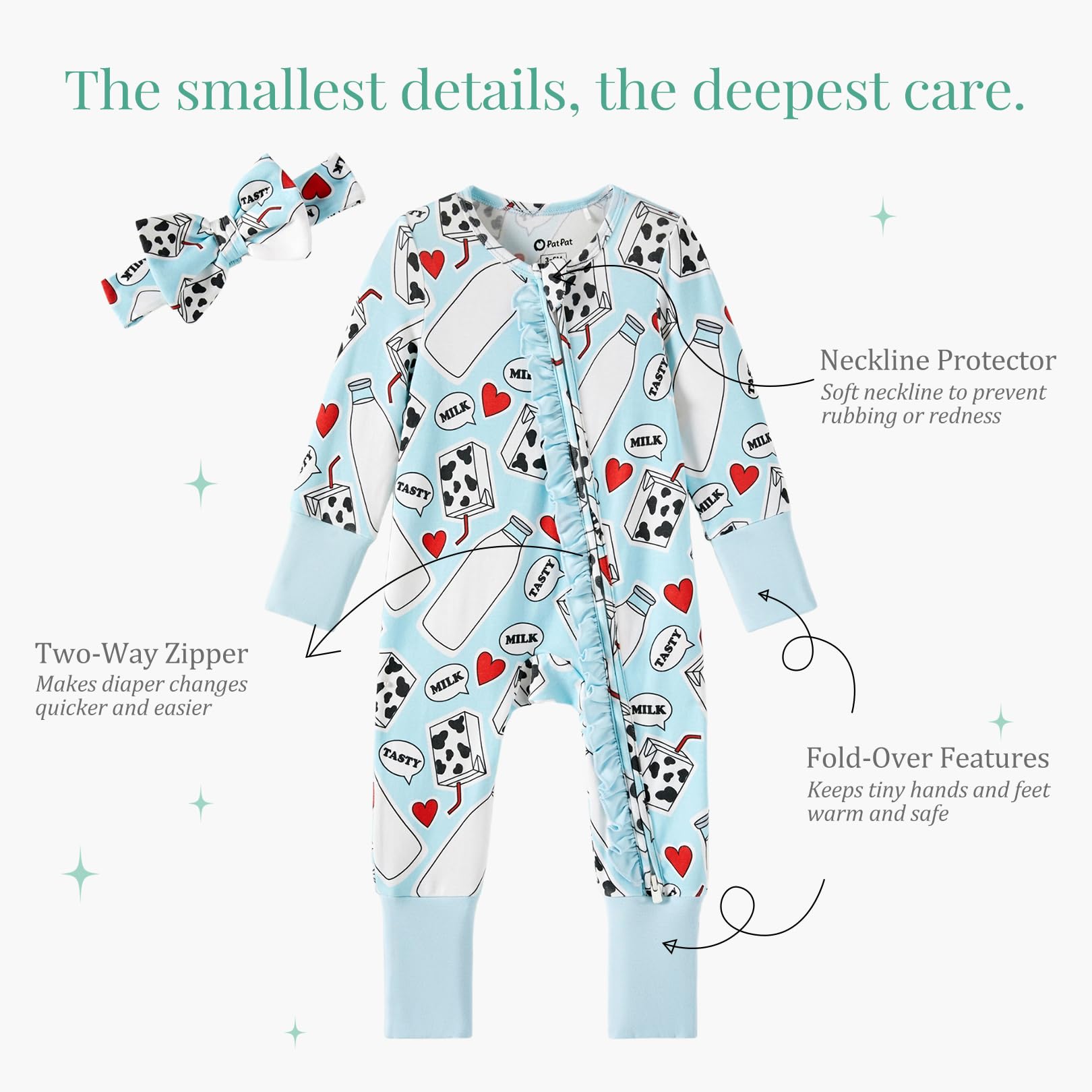 PATPAT Baby Girl Infant Clothes Footie – Soft Viscose from Bamboo, Stretch Feel – 2-Way Ruffled Zipper, Fold-Over Mittens & Cuffs Sweet Milks 9-12 Months