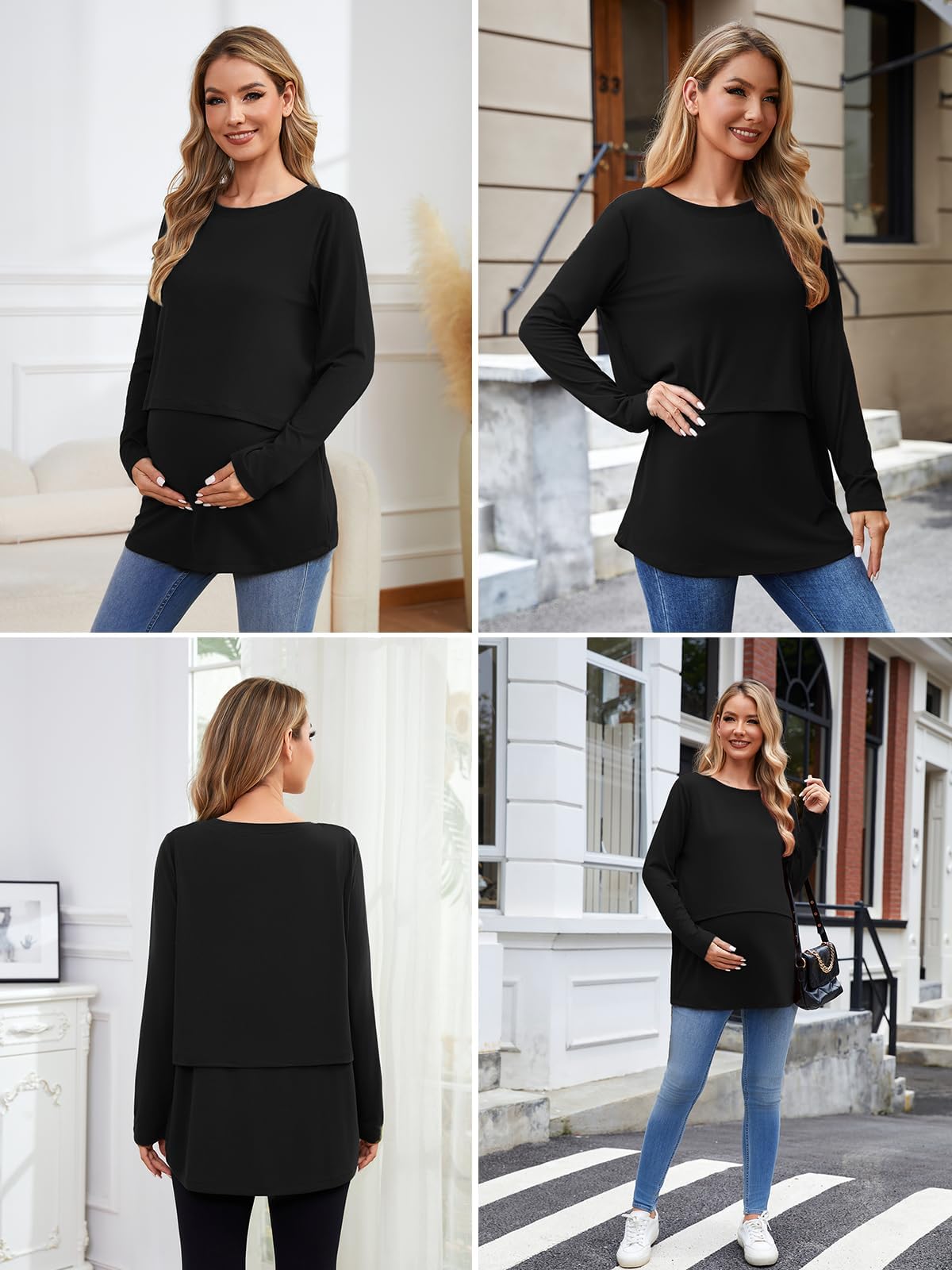 Ecavus Women's 3Pack Maternity Nursing Shirts Long Sleeve Double Layer Breastfeeding Shirts Comfy Pregnancy Clothes