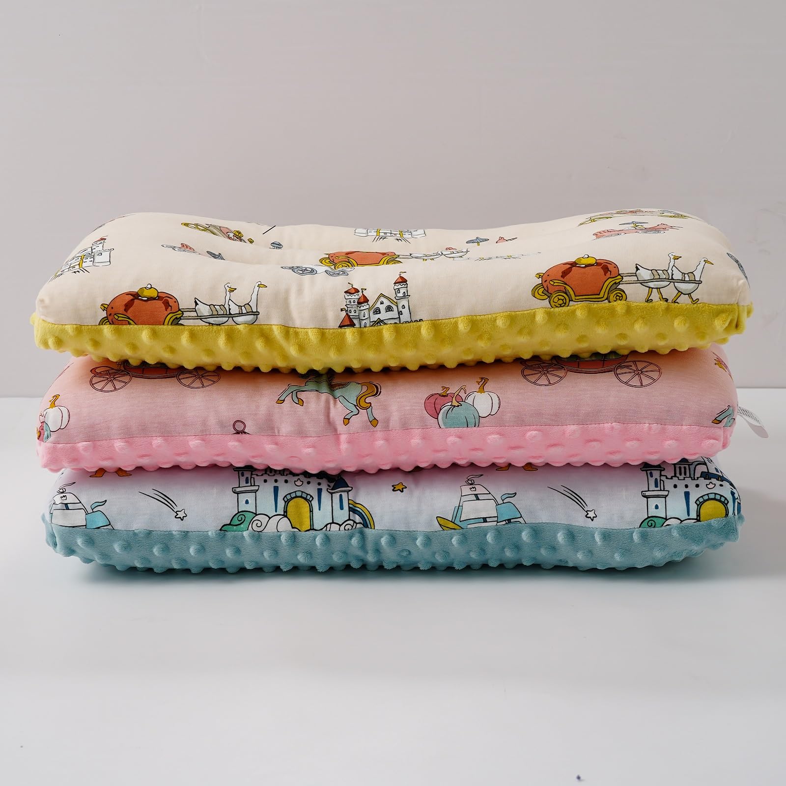 Reidio 1Pcs Toddler Pillow Double Sided Breathable Soft Cotton & Minky Dot Fabric Kids Pillow Cute Small Pillow Machine Washable (Yellow Carriage)