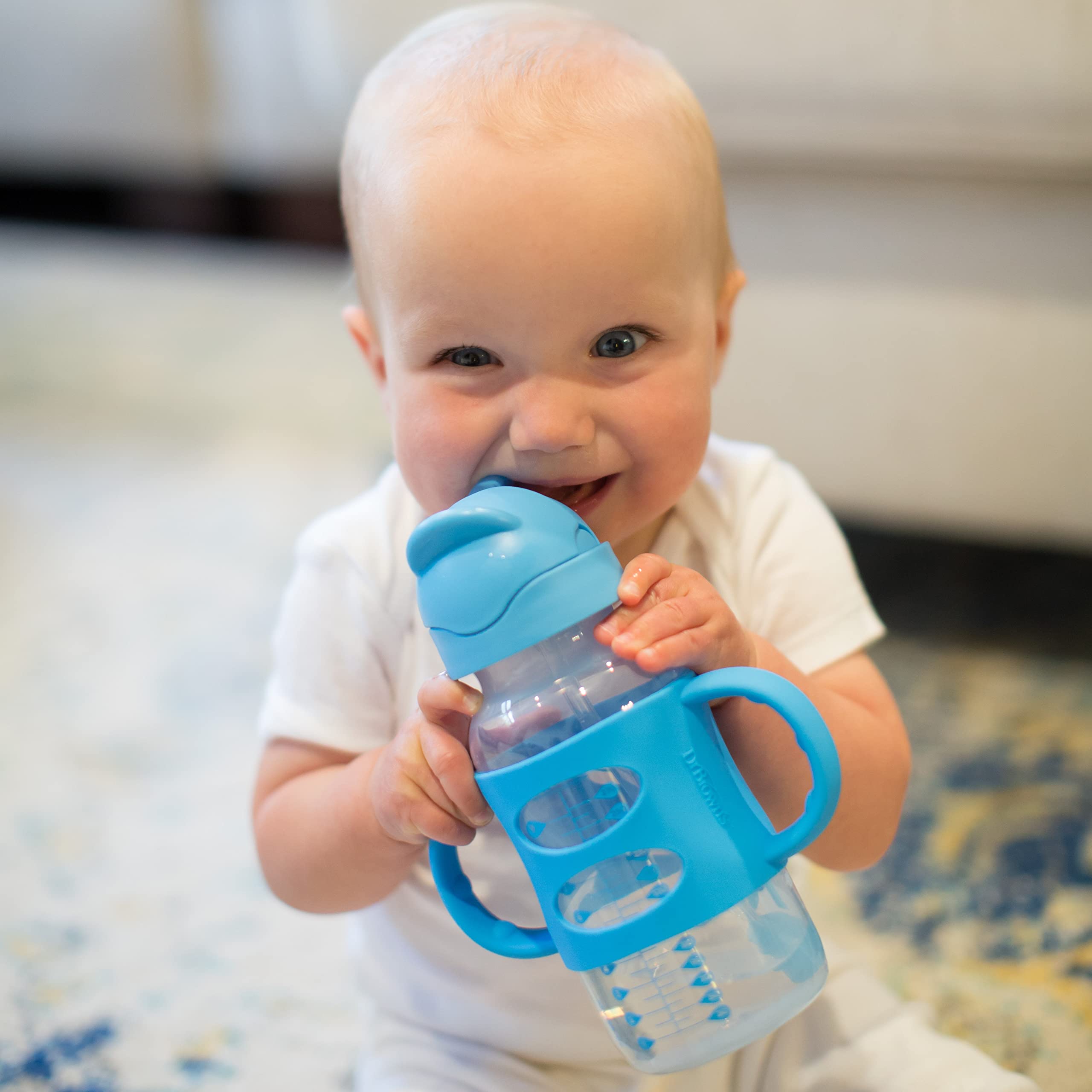 Dr. Brown's Milestones Wide-Neck Sippy Straw Bottle with 100% Silicone Handles and Weighted Straw, 9 oz/270 mL, Gray & Blue, 6m+