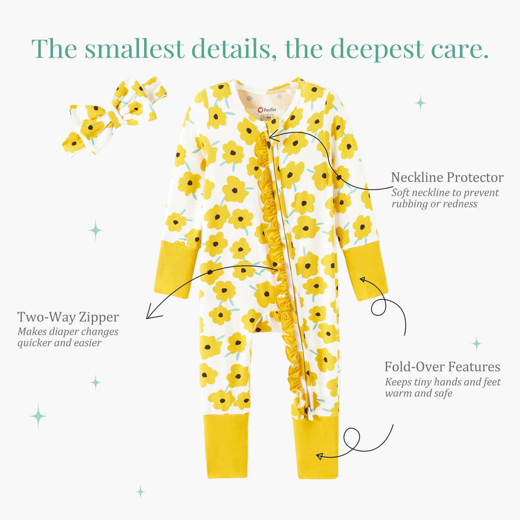 PATPAT Baby Girl Infant Clothes Footie – Soft Viscose from Bamboo, Stretch Feel – 2-Way Ruffled Zipper, Fold-Over Mittens & Cuffs Yellow Flower 3-6 Months