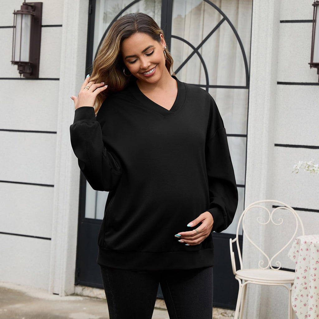 GINKANA Women's Maternity Shirts Long Sleeve Sweatshirt V Neck Pregnancy Pullover Tops Loose Fit Tunic Clothes Black,S