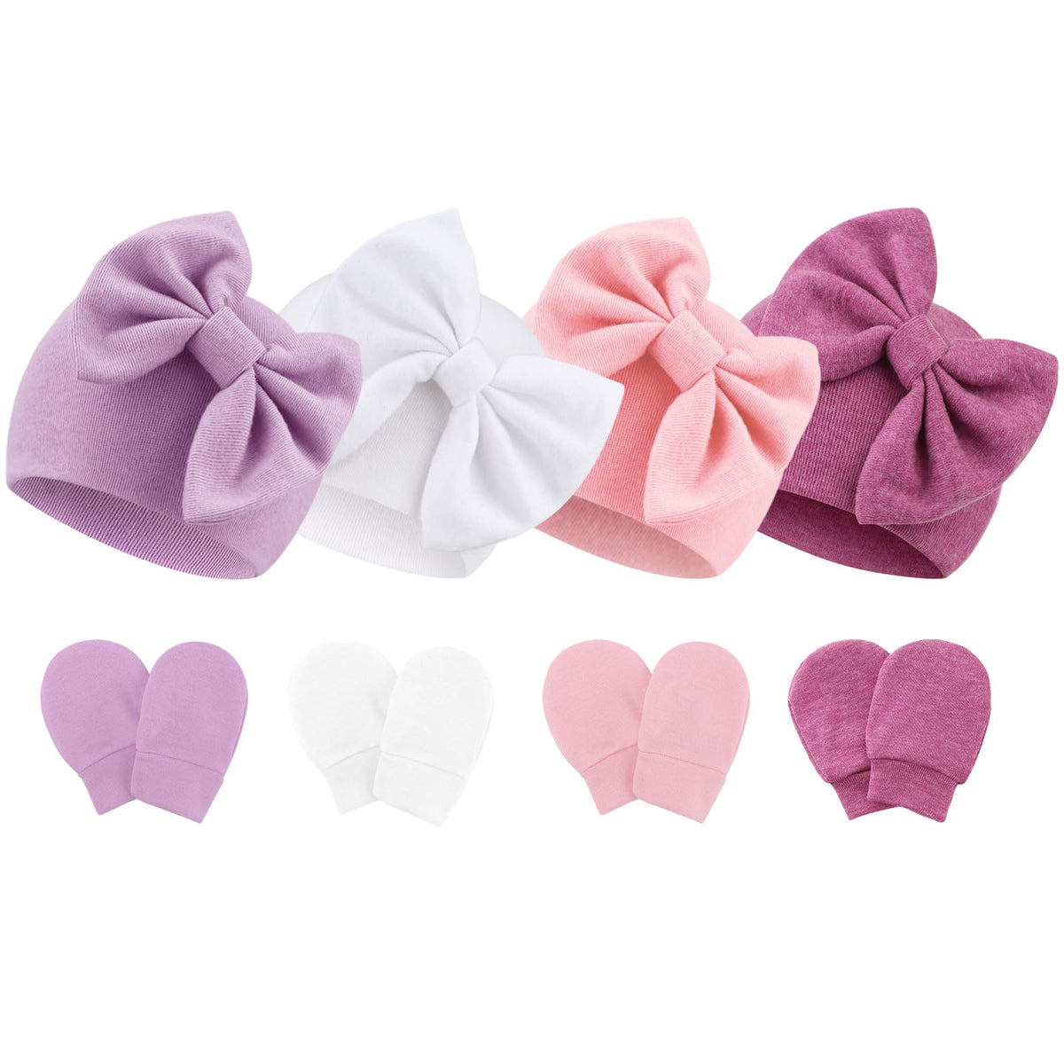 BQUBO Newborn Baby Hats Mittens Set Hospital Hat Beanie Infant Bow Hats Baby Cotton Gloves No Scratch Mittens for 0-6 Months
