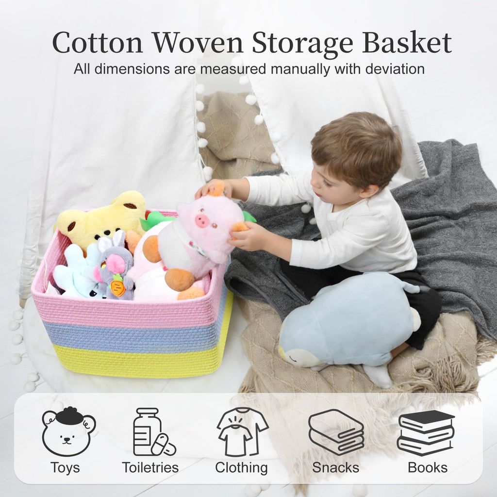 Hopegiver Rainbow Cotton Rope Storage Baskets Set of 3 for Kids Baby, Colorful Storage Bins for Toys, Woven Organizer Baskets Room Decor for Nursery & Playroom(Pink&Blue&Yellow, 15x11x10 IN)