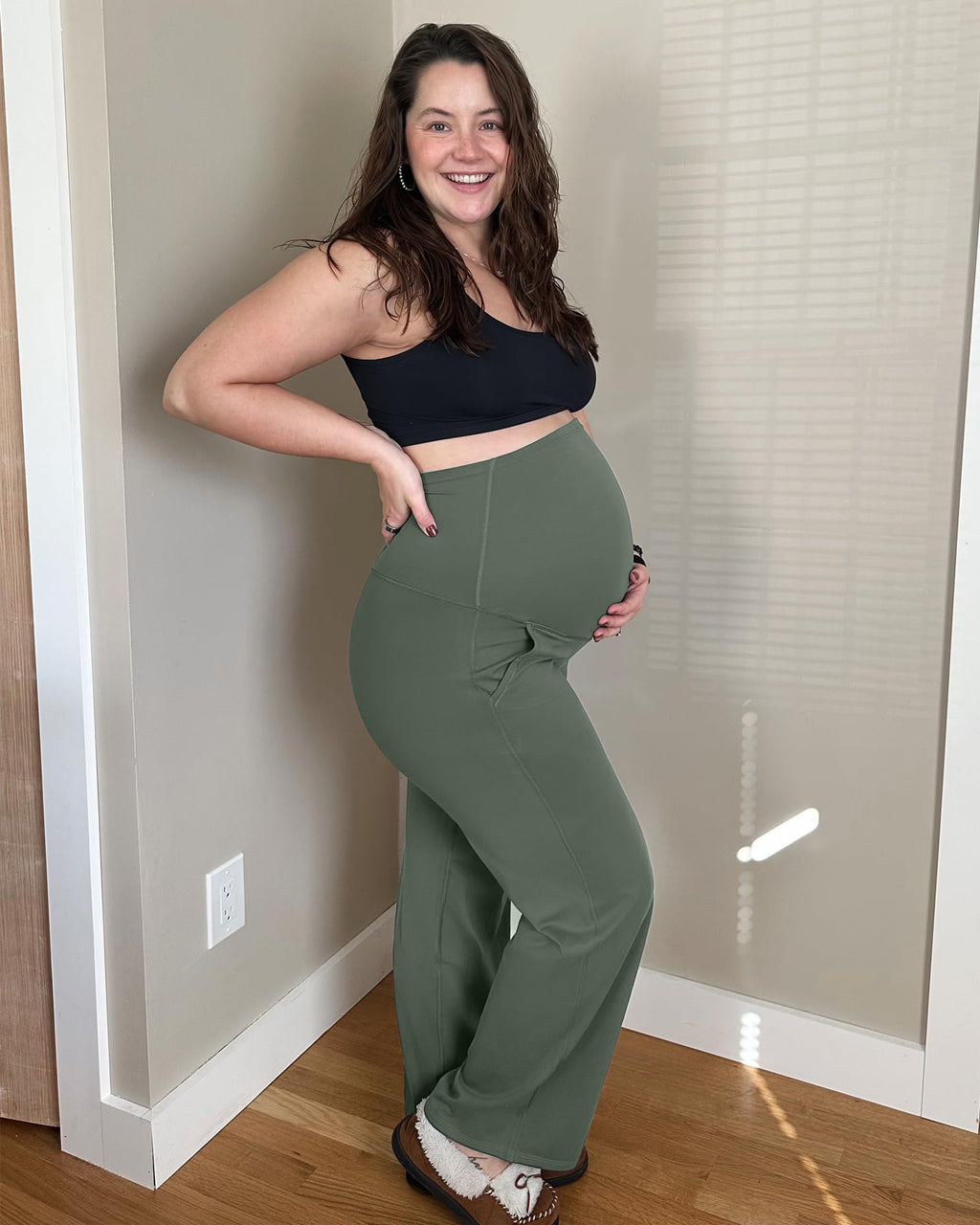 G4Free Maternity Dress Pants with Pockets Stretchy,Gray Sage,XL,Petite