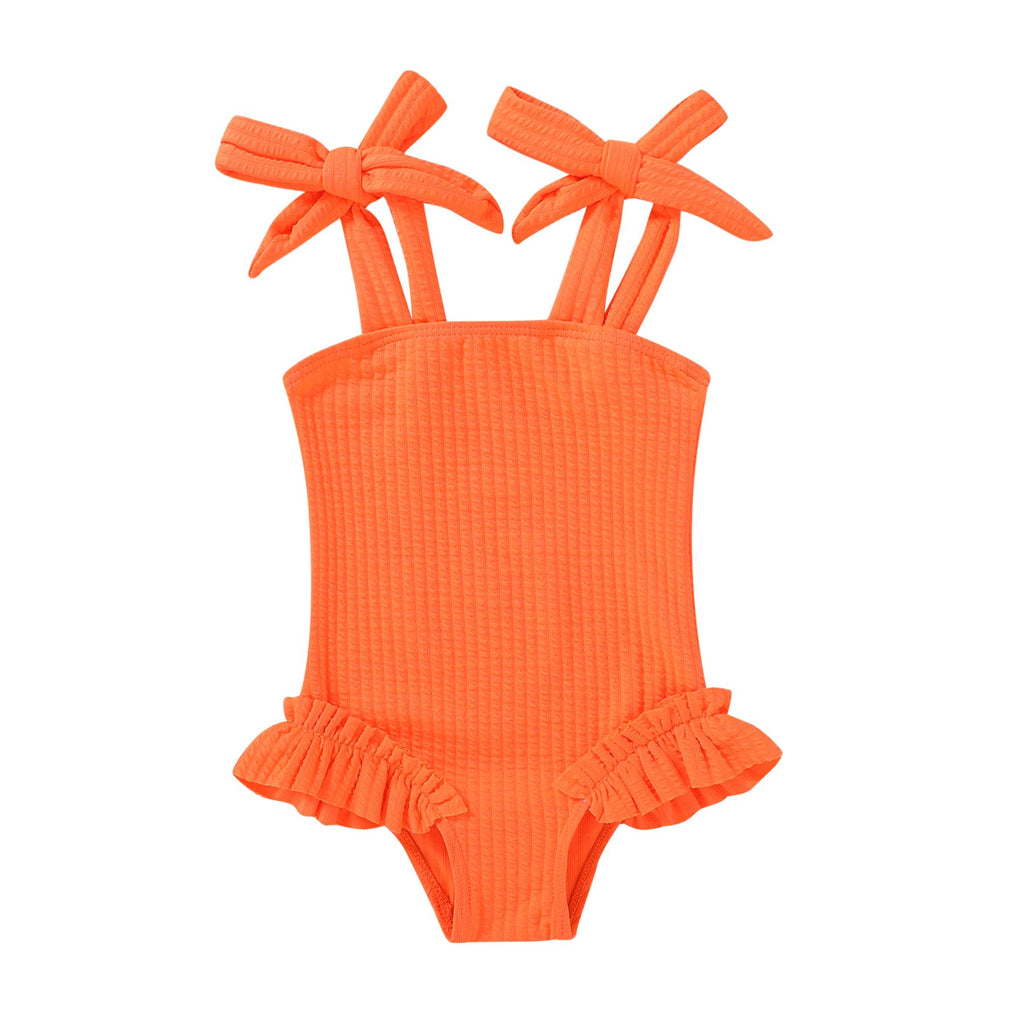 Happy Town Toddler Swimsuit Girl Solid Color Stripe One-Piece Baby Bathing Suits (Solid Bright Orange, 18-24 Months)