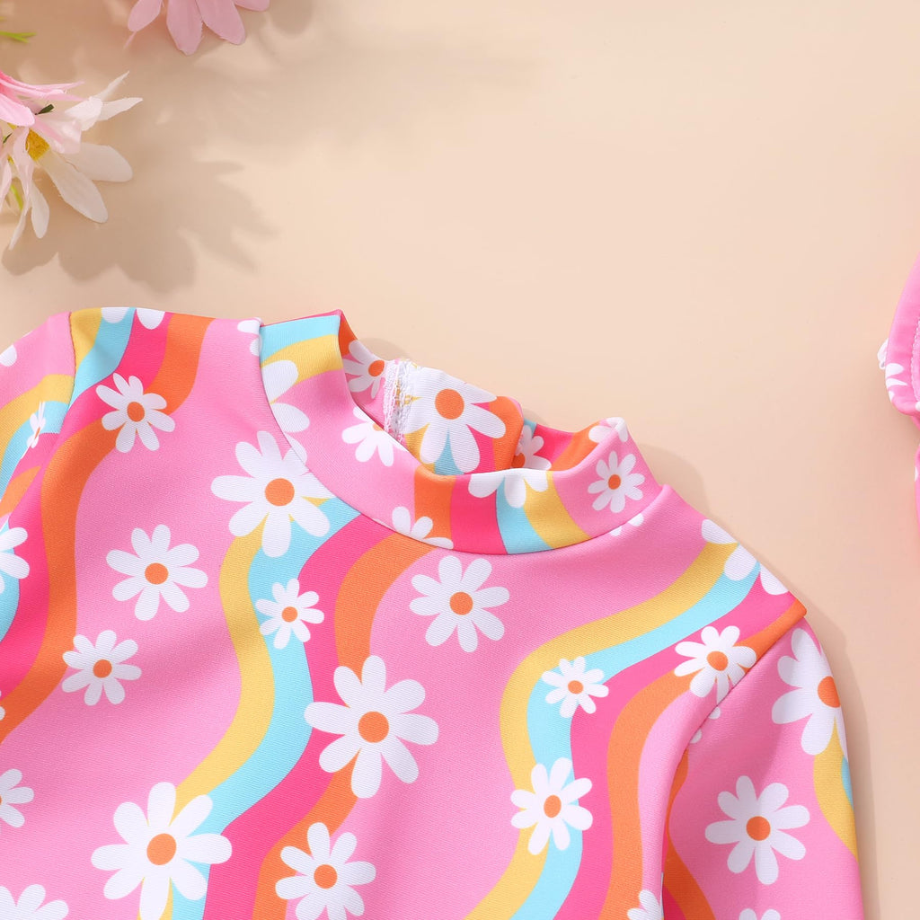 Infant Baby Girl Swimsuit One-Piece Long Sleeve Rash Guard with Hat Set Floral Zipper Bathing Suit Leopard Beach Wear
