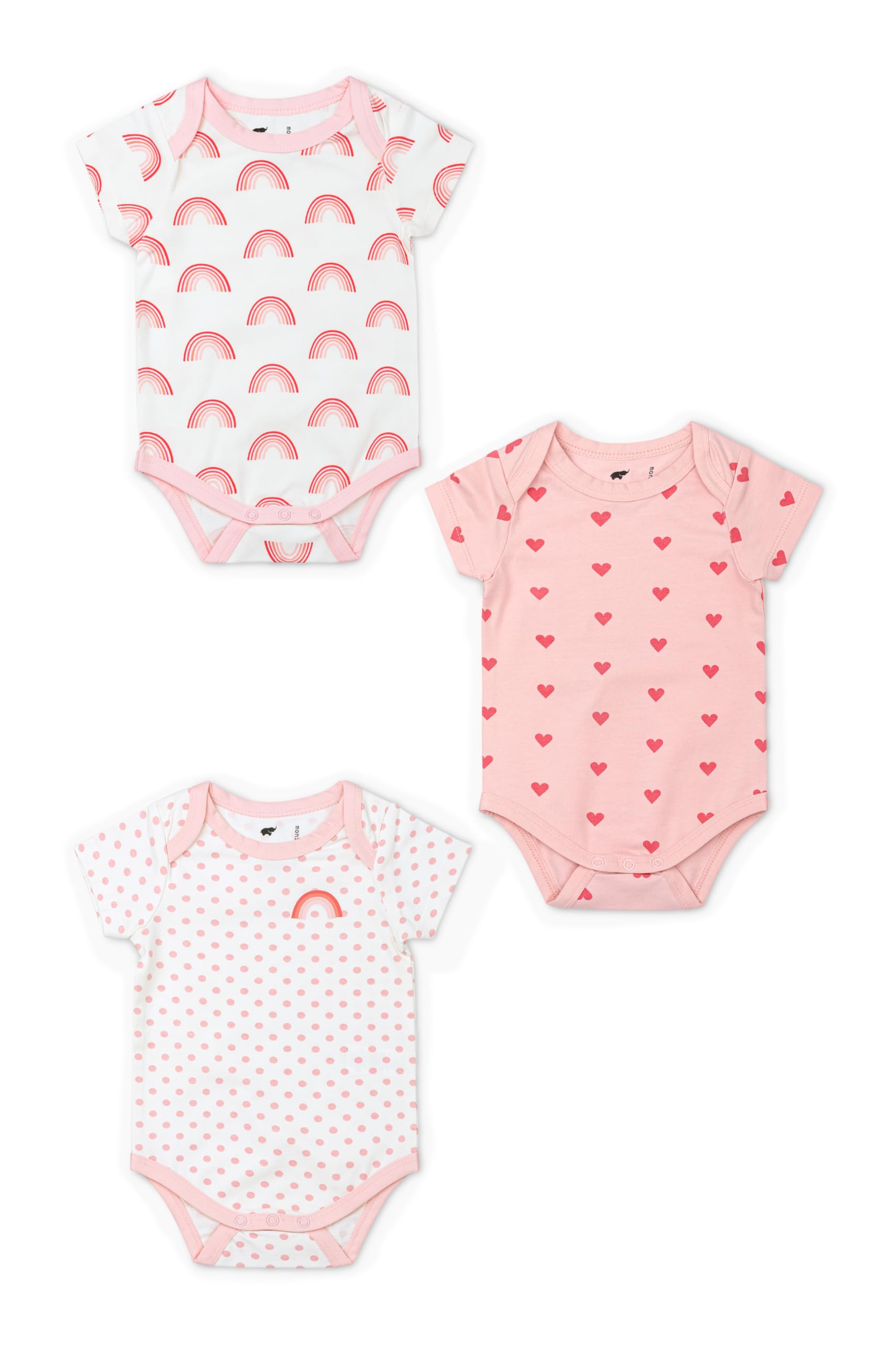 MONICA + ANDY Short Sleeve Jack & Jill Bodysuit 3-Pack, Size 9-12M, Rainbow & Hearts Print, 100% Organic Baby Clothes for Girls & Boys, Super Soft Sustainable Cotton, Newborn, Infant & Toddler Sizes