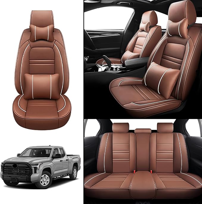 Car Seat Covers for Toyota Tundra 2000-2025 | 5-Seats Seat Covers, Waterproof Seat Protectors, Automotive Seat Covers (Full Set with Pillow,Coffee)