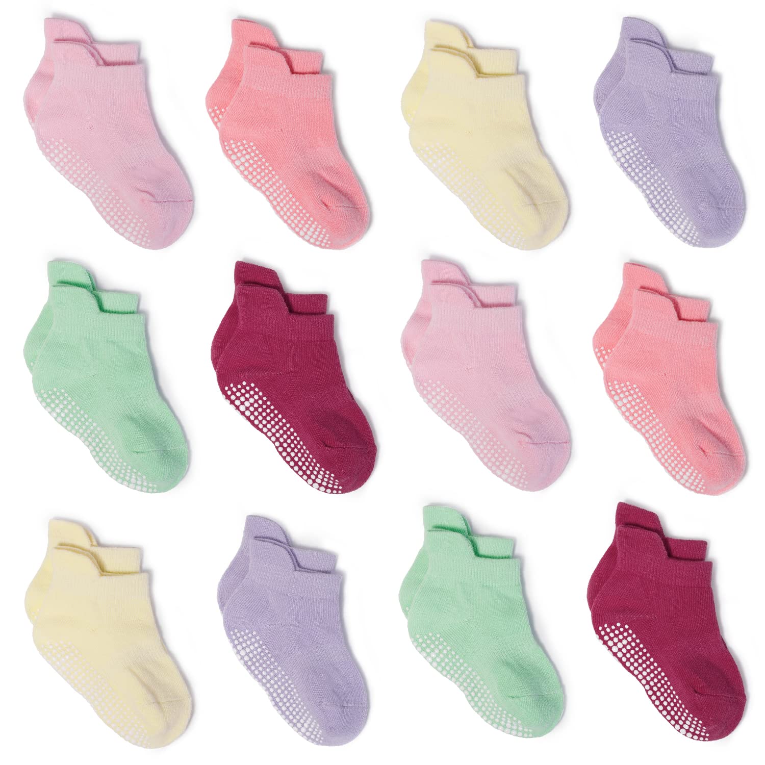 ZAPLES Baby Girls Non Slip Grip Ankle Socks with Anti Skid Soles for Infants Toddlers, Girls - 12 Pairs, 4-7 Years