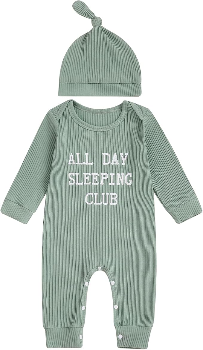 Fernvia Newborn Baby Boy Clothes Letters Print Bodysuit 3 6 9 12 18 Months Long Sleeve Jumpsuit with Hat 2PCS Outfits Set