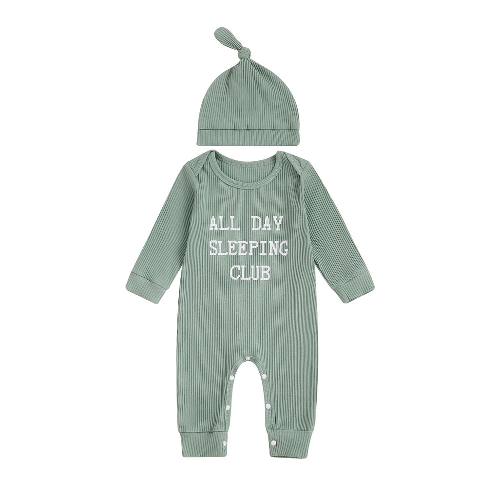 Fernvia Newborn Baby Boy Clothes Letters Print Bodysuit 3 6 9 12 18 Months Long Sleeve Jumpsuit with Hat 2PCS Outfits Set (A Green, 3-6 Months)