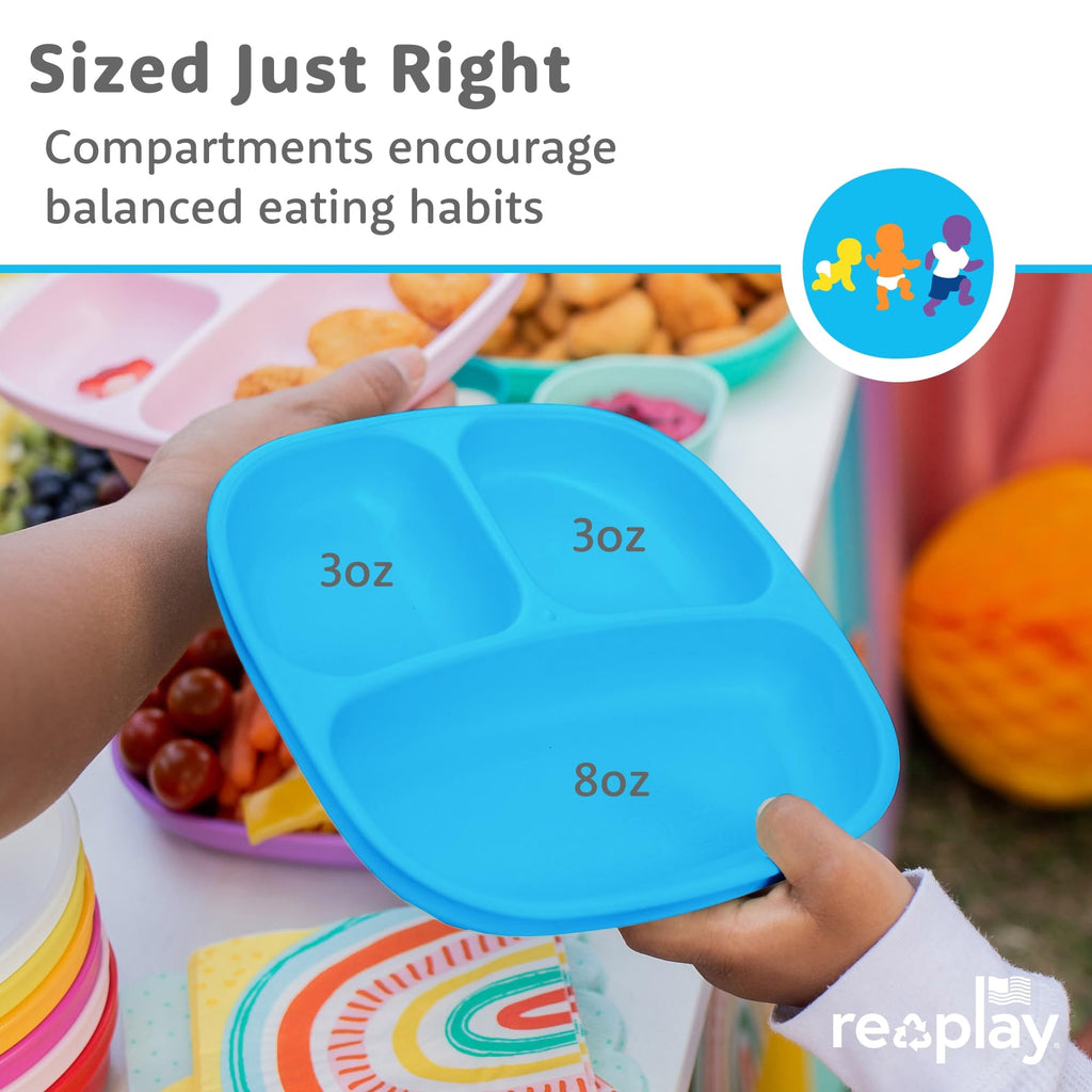 Re-Play Toddler Dinnerware Set - 3 Divided Plates with 3 Fork and Spoon Sets - BPA-Free Kids Tableware - Dishwasher Safe - Made in USA from Recycled Materials, True Blue