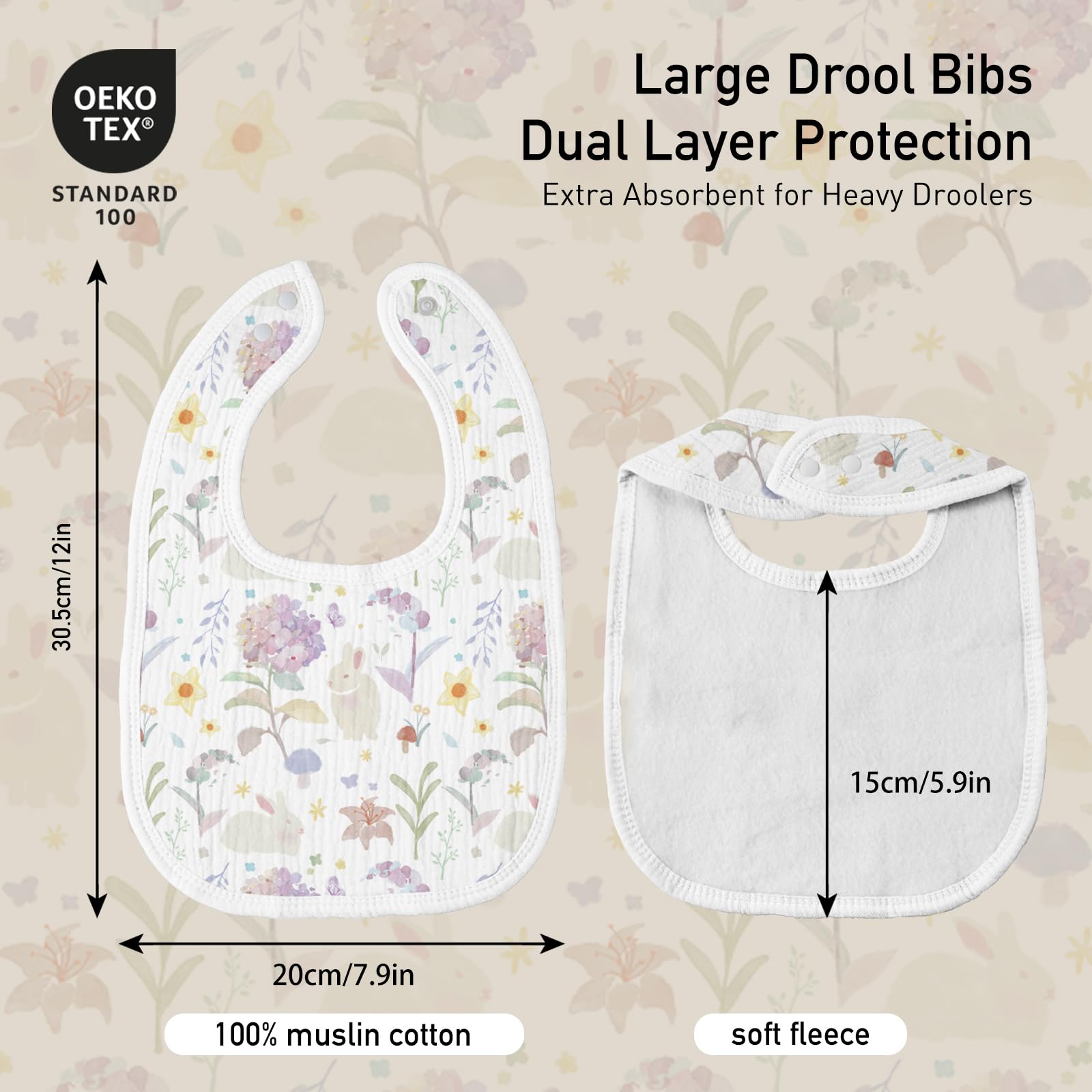 Muslin Bibs for Baby Girl, Adjustable Fit for Drooling and Teething Toddler