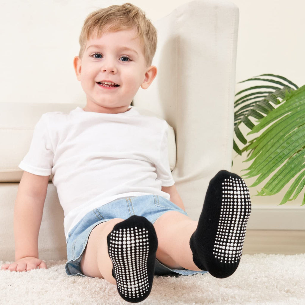 Zaples Baby Non Slip Grip Ankle Socks with Non Skid Soles for Infants Toddlers Kids Boys Girls, Black, 0-6 Months