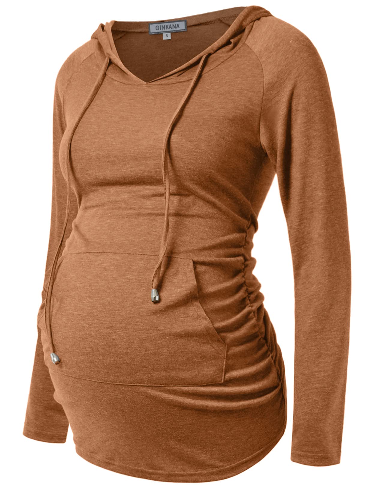 GINKANA Maternity Long Sleeve Hooded Sweatshirt Lightweight Maternity Casual Hoodie Long Sleeve Tunic Top,Dark Orange,S