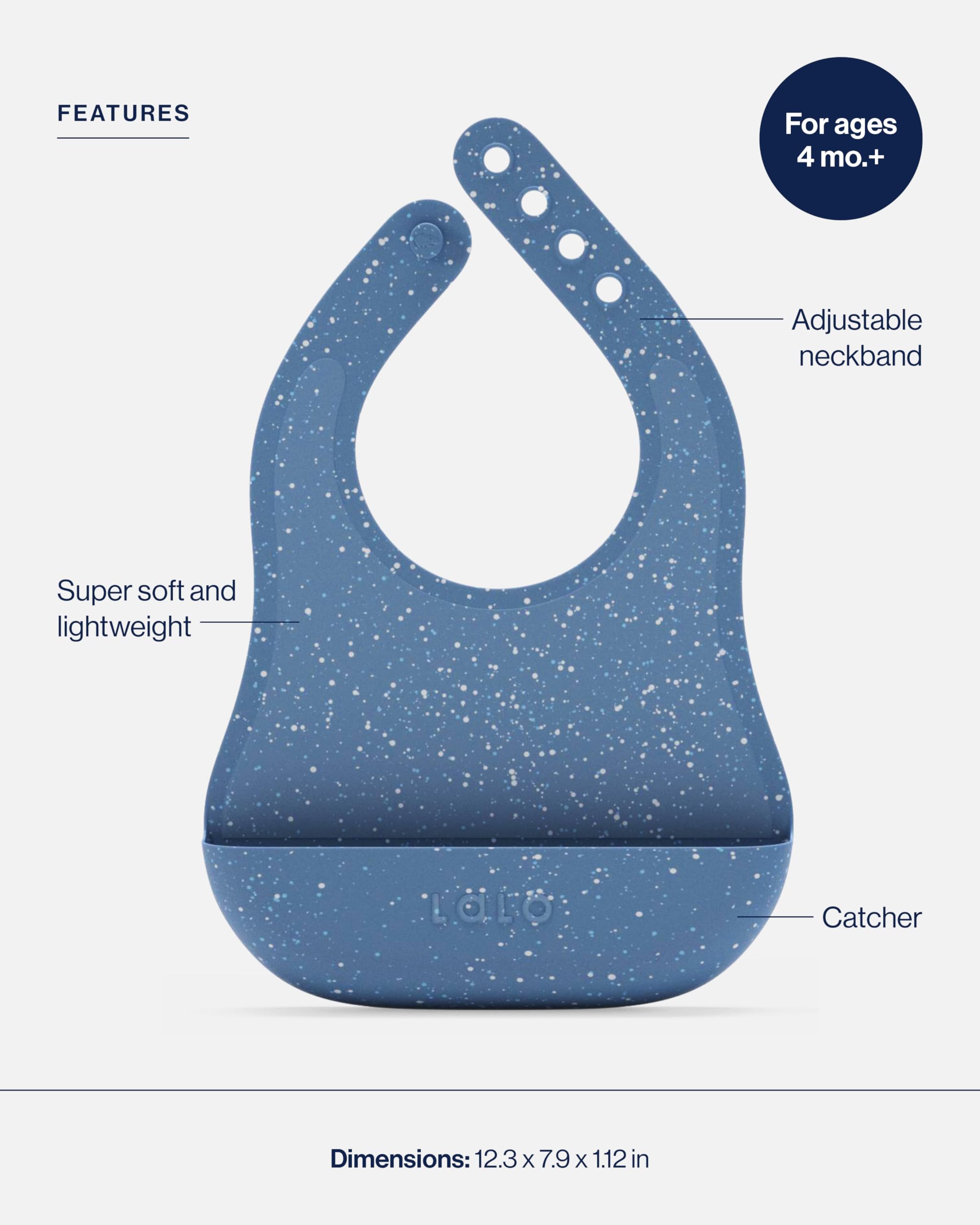 Lalo The Bib - Waterproof, Non-Toxic Silicone Baby Bib with Adjustable Neck Band & Silicone Food Pouch Catcher, Set of 2 - Blueberry