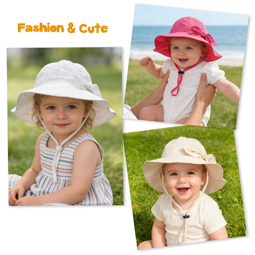 Baby Girl Sun Hat with UPF 50+ Outdoor Adjustable Beach Hat with Wide Brim Bucket Hats (2-3岁) Beige White