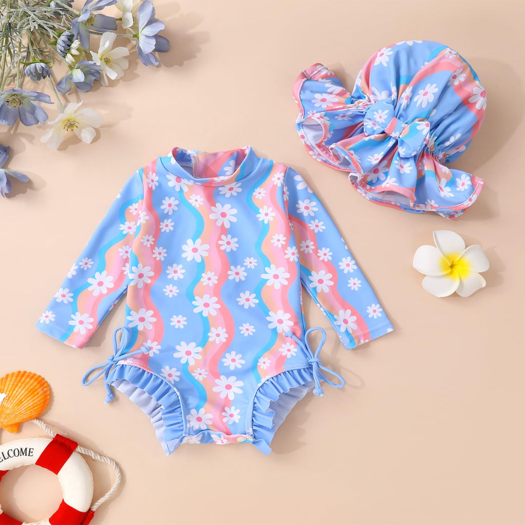 Infant Baby Girl Swimsuit One-Piece Long Sleeve Rash Guard with Hat Set Floral Zipper Bathing Suit Leopard Beach Wear