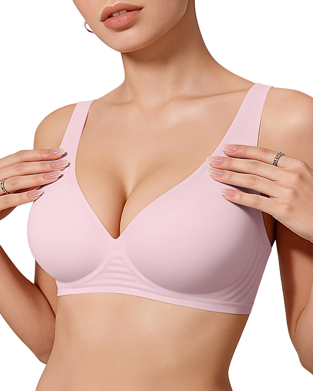OEAK Womens Deep V Bras Comfortable Bras Support Push Up Bralettes Low Cut no Underwire Bras Plunge Seamless Tshirts Bras Pink L