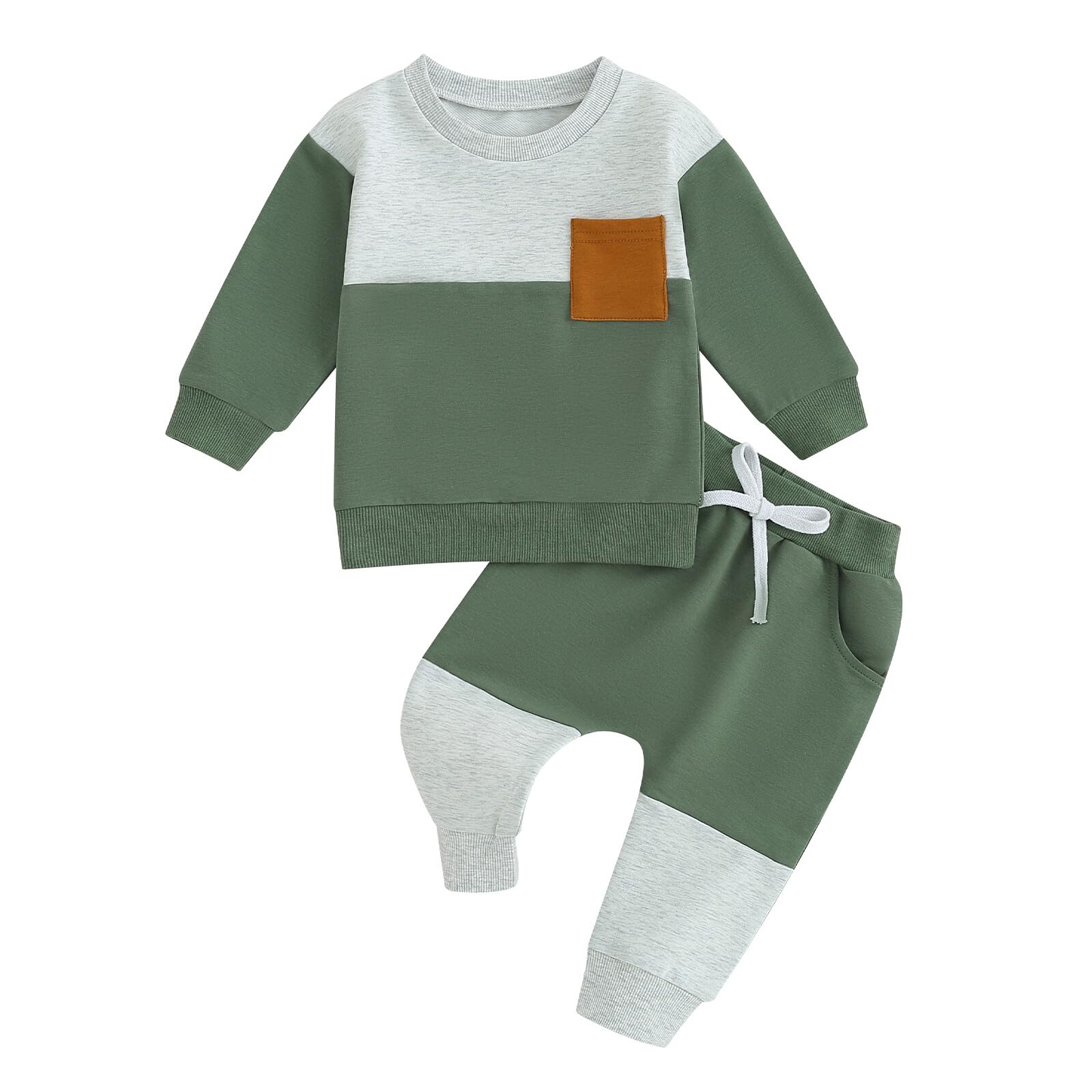 Kupretty Toddler Baby Boy Color Block Sweatshirt Pants Set Gray Green 18M