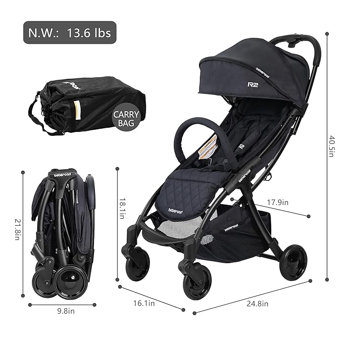 Beberoad Love R2 Small Travel Stroller Compact Strollers Foldable Lightweight Baby Stroller for Airplane, Infant Toddler Stroller with Adjustable Backrest, Cup Holder and Waterproof Canopy, Black