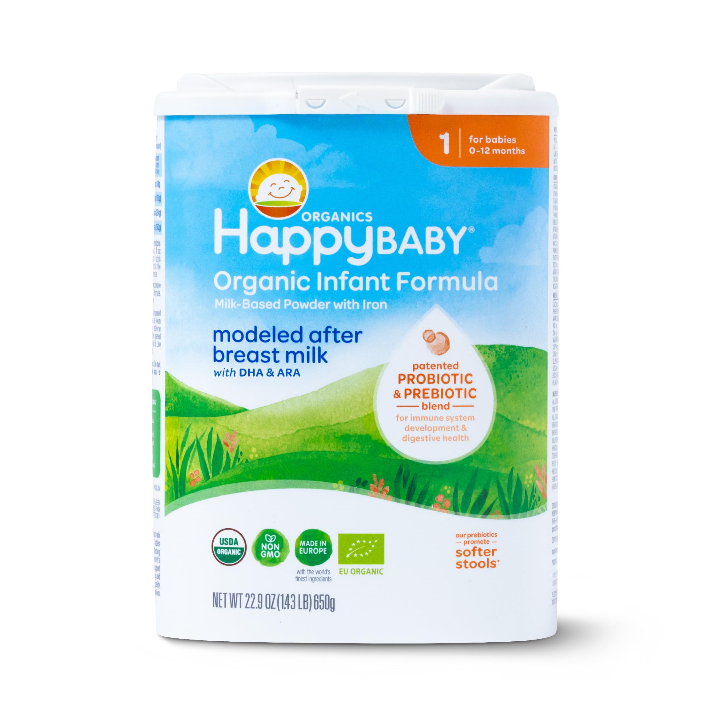 Happy Baby Organics Stage 1 Infant Formula, 0 12 Months, Milk Based Organic Baby Formula Powder with Iron, Probiotics & Prebiotics for Immune & Digestive Support, 22.9 Ounce (Pack of 1)