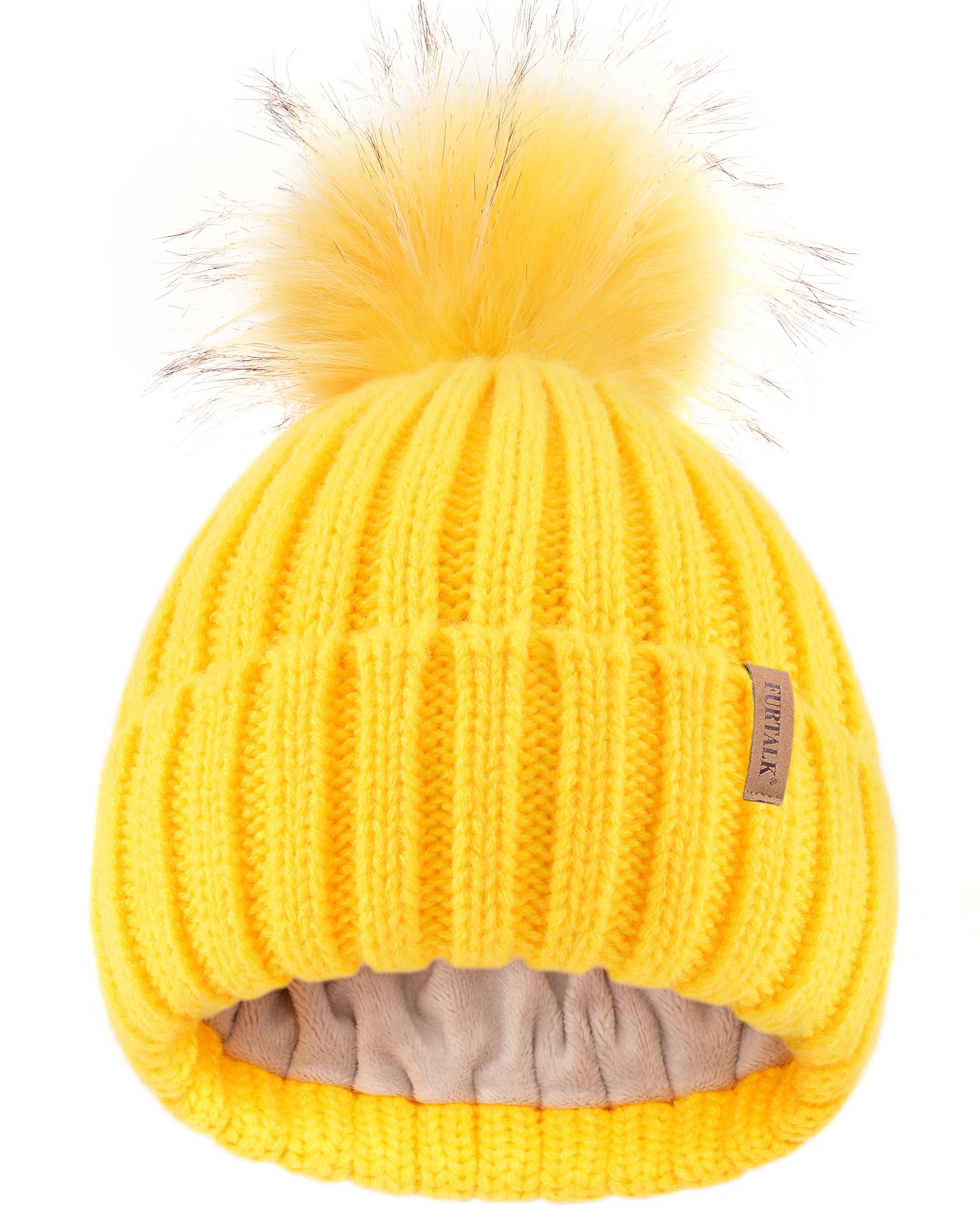 FURTALK Kids Winter Hat Toddler Knitted Beanie with Faux Fur Pom Poms for Baby Girls Boys Yellow,2-8 Years