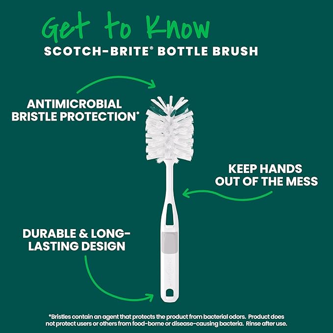 Scotch-Brite Glass and Water Bottle Brush, Long-Lasting, Safe on Glassware, Shaker Bottles, Food Processors, & More, Non-slip handle, Durable, Reusable, Clean in Top Rack of Your Dishwasher