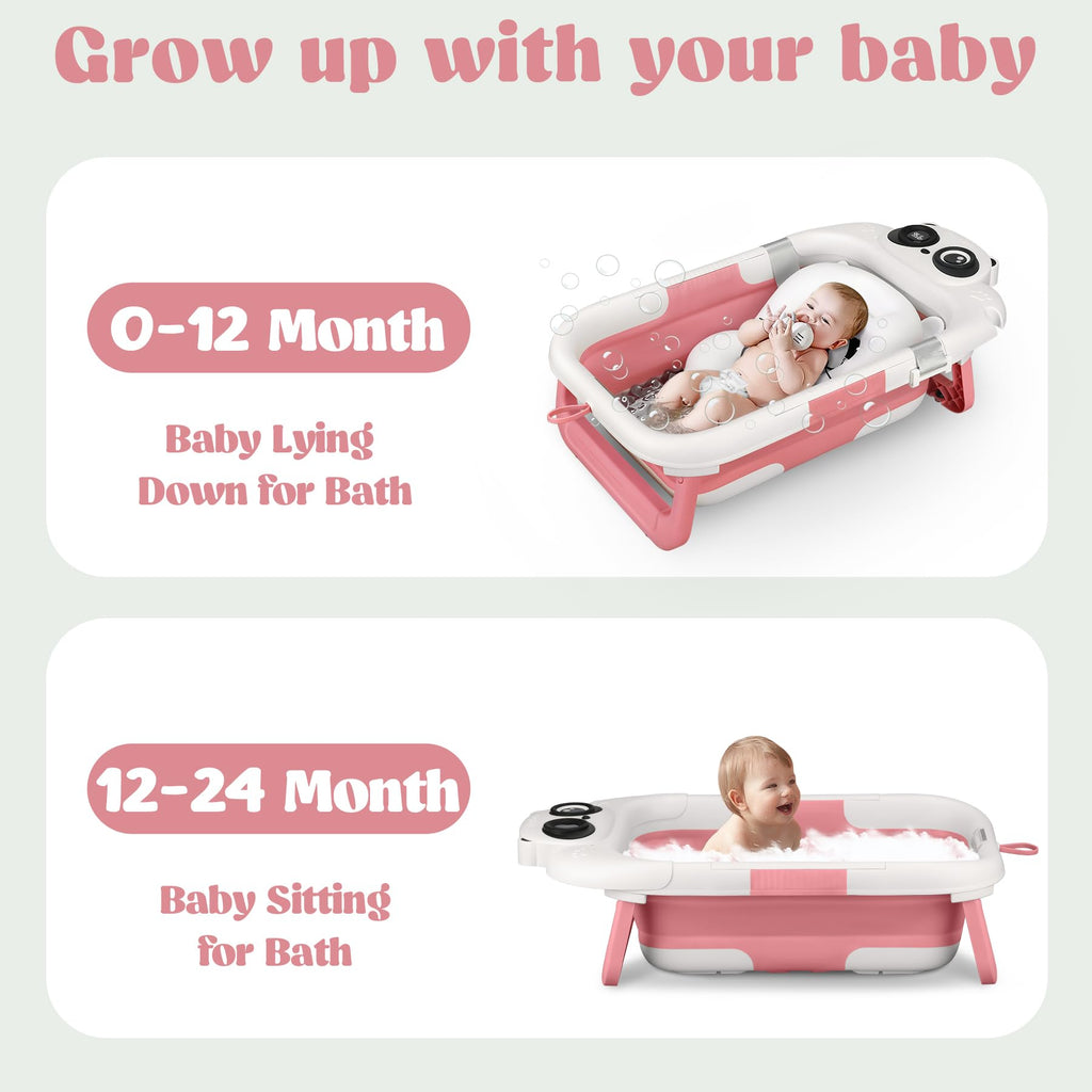 WXXM Foldable Baby Bathtub - 0-24M, Thermometer, Soft Cushion (Pink)