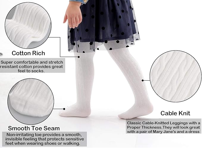 EPEIUS Baby & Toddler Girls Cable Knit Tights - Solid Cotton Stockings, Seamless Footed Leggings, 3 Pair Pack, Black/Gold/Ivory