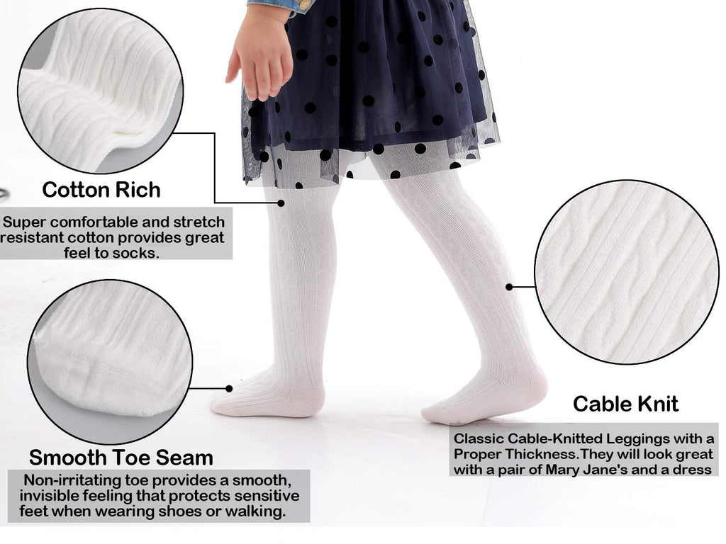EPEIUS Toddler Girl Tights Baby Girls Seamless Cable Knit Leggings Solid Cotton Stockings Footed Pants for 12-24 Months 3 Pair Pack,White