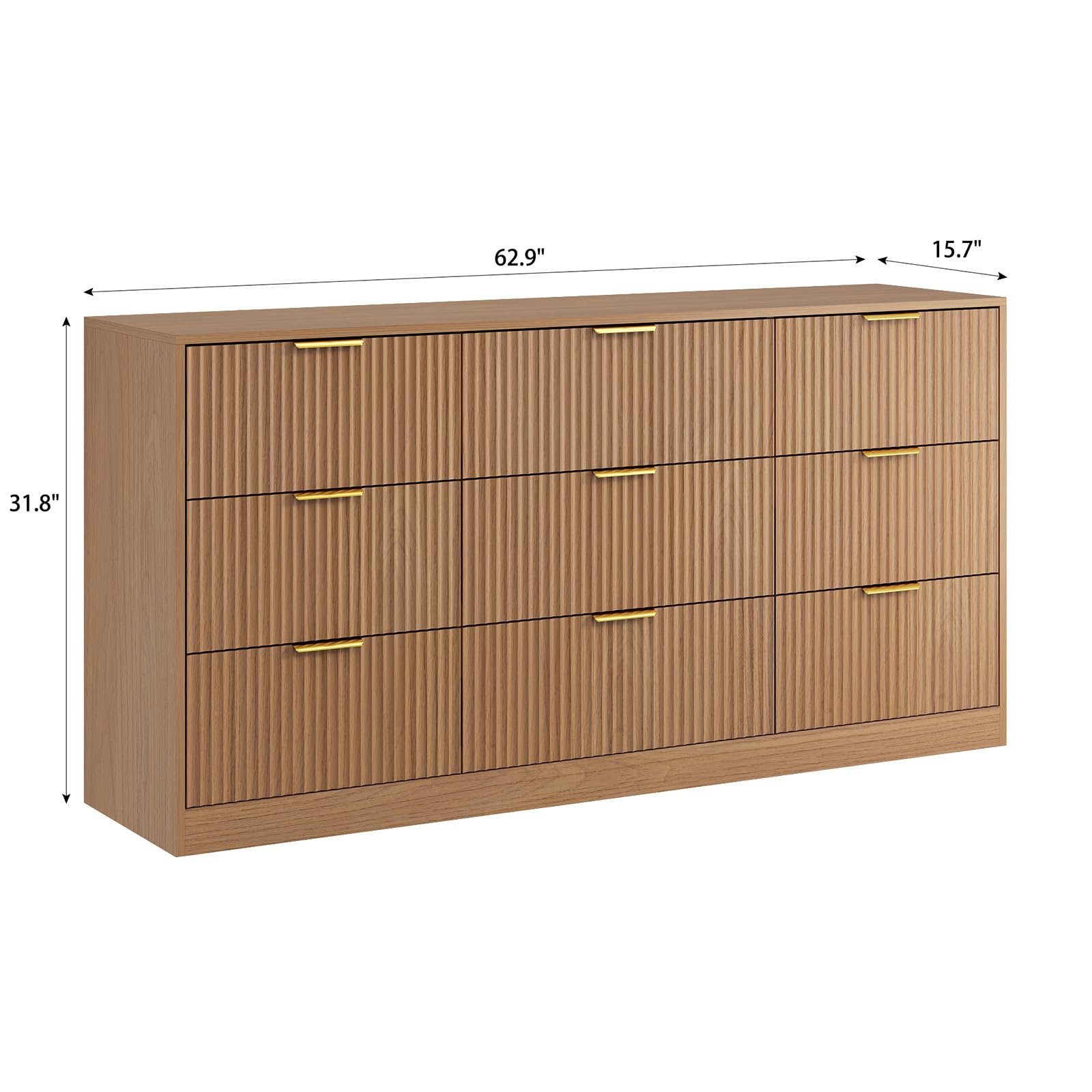 Sscaktu 9 Drawer Fluted Dresser for Bedroom with Deep Drawers, Light Walnut丨63 Wide Wood Dresser, Large Chest of Drawers, Modern Long TV Stand, Storage Cabinet Side Table for Living Room, Hallway