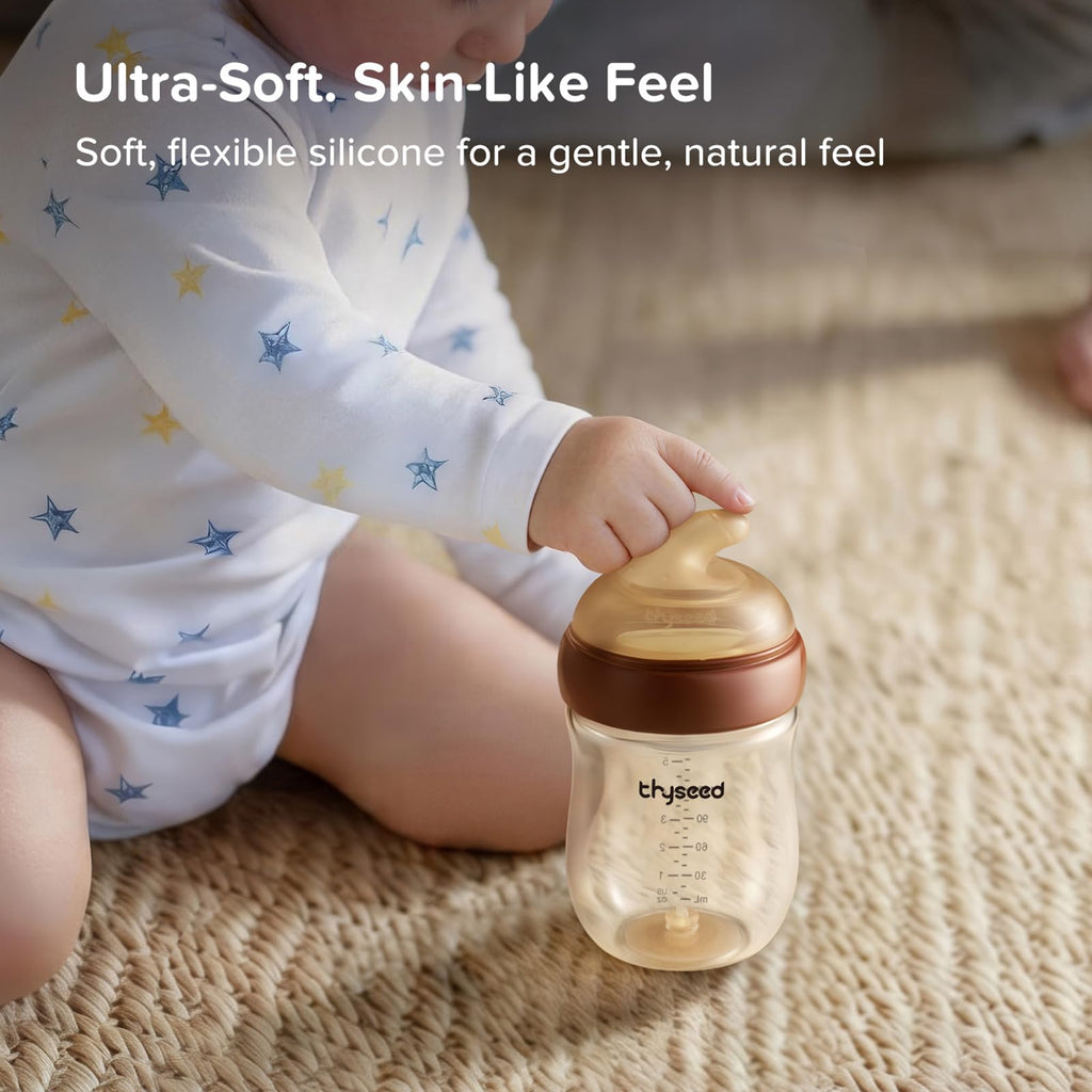 Thyseed Anti-Colic Glass Baby Bottle for Breastfed Infants, Natural Feeding, Breast-Like Newborn Medium Fast Flow Nipple (3m+), 8 oz, 1 Pack