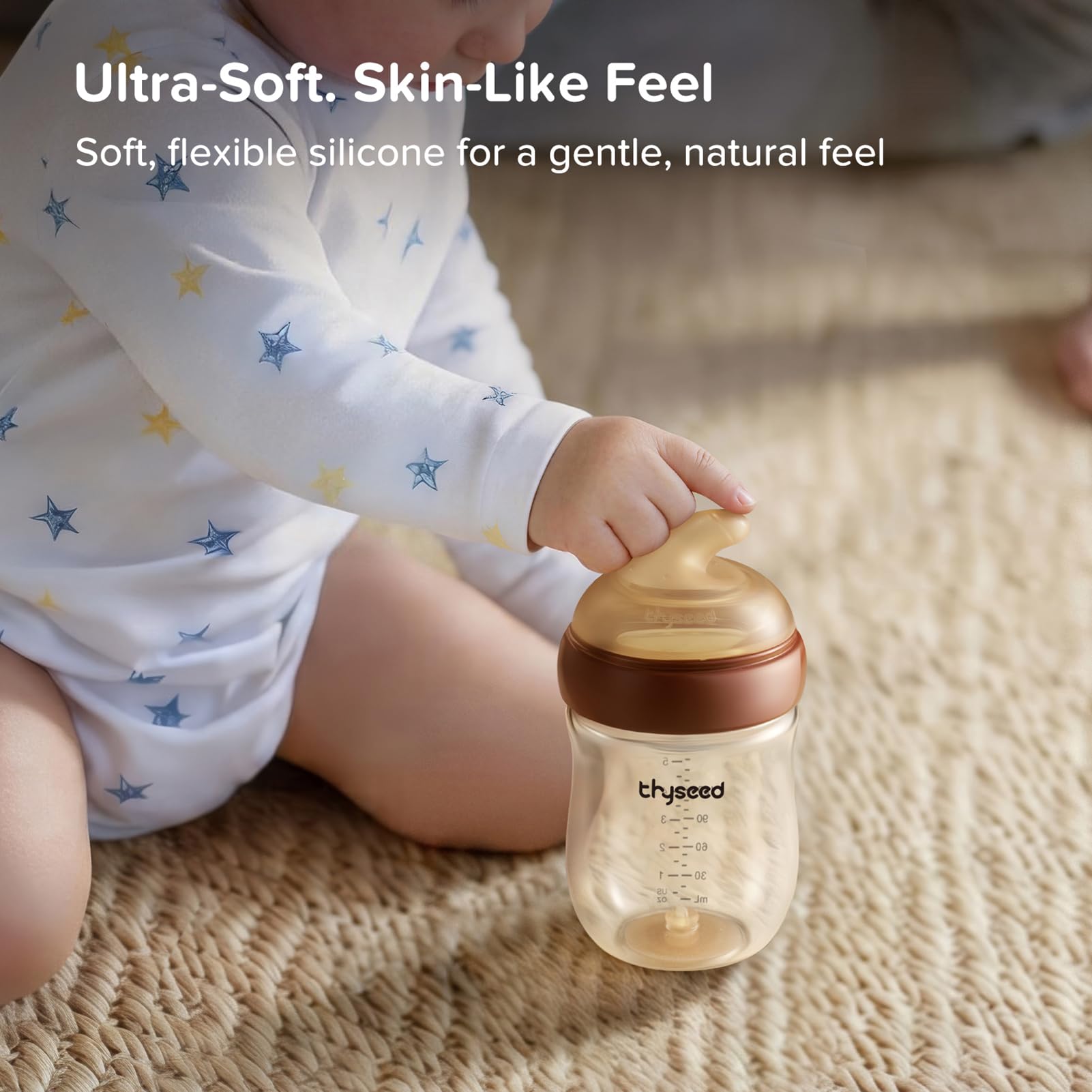 Thyseed Anti-Colic Glass Baby Bottle for Breastfed Infants, Natural Feeding, Breast-Like Newborn Medium Fast Flow Nipple (3m+), 8 oz, 1 Pack