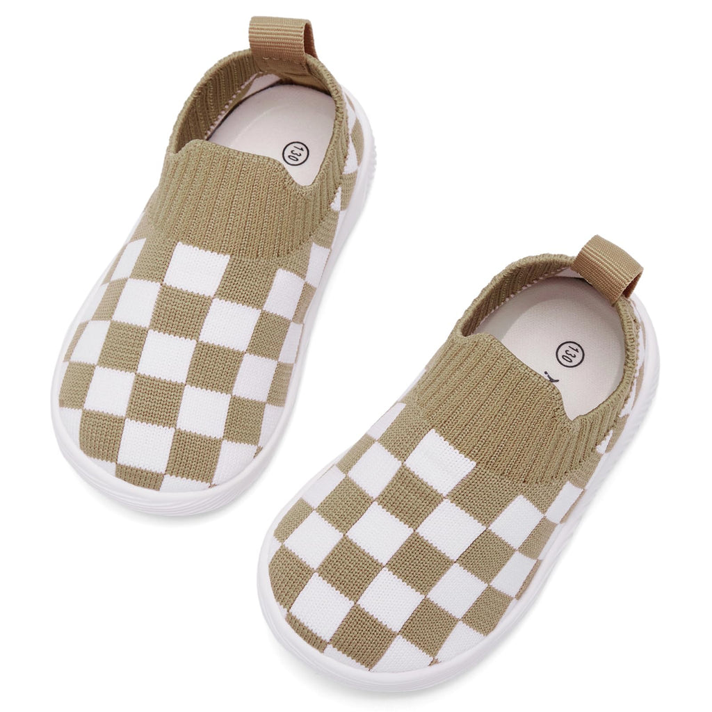 MORENDL Toddler Shoes - Baby Walking Socks - Non-Slip, Breathable - Boys & Girls - Brown White Plaid - 9-12 Months
