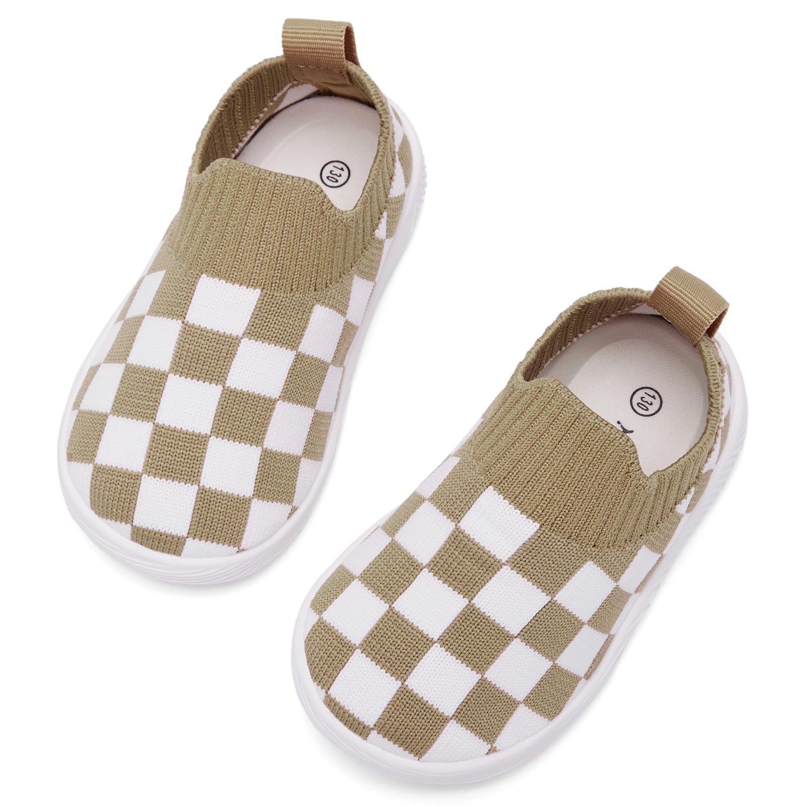 MORENDL Toddler Shoes - Baby Walking Socks - Non-Slip, Breathable - Boys & Girls - Brown White Plaid - 9-12 Months