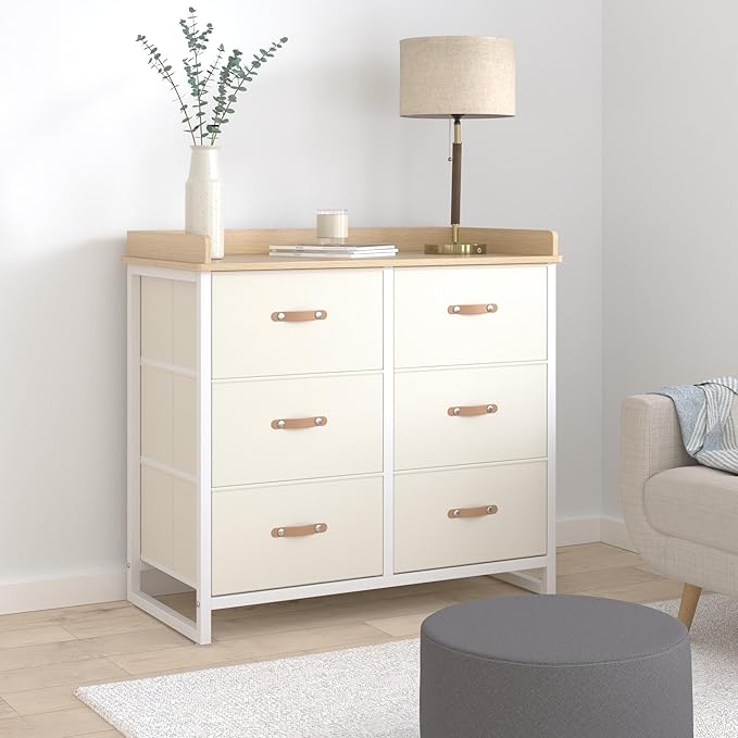 SONGMICS Kids Dresser with 6 Drawers, Boys Girls Dresser, with Water-Resistant Tabletop, Storage Organizer Cabinet, for Bedroom Hallway, Beige UGKR101K01