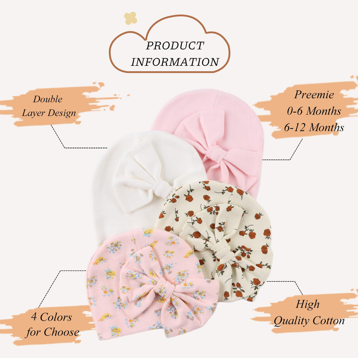 Bamery Newborn Baby Girl Hat Cotton Baby Bow Beanie Preemie Hats Spring Infant Hats for Girls 0-12 Months (US, Age, Preemie, 4PACK-B)