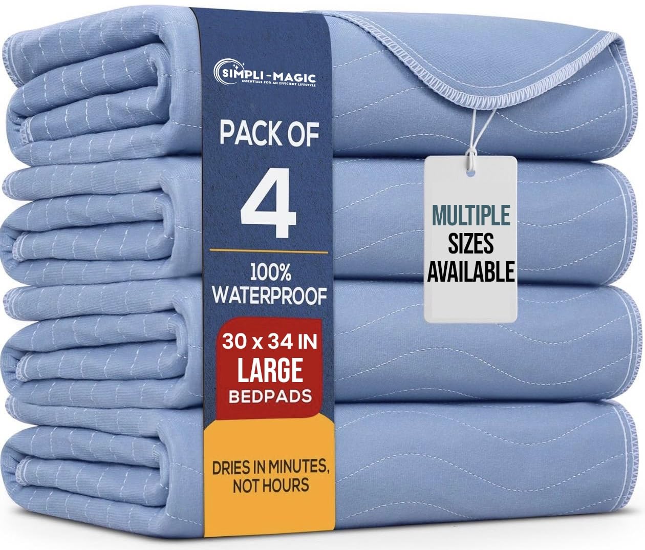Simpli-Magic Washable Underpads, 30"x34" (Pack of 4) - Heavy Absorbency Reusable Bedwetting Incontinence Pads for Kids,Adults,Elderly,andPets - Waterproof Protective Pad for Bed,Couch,Sofa,Floor