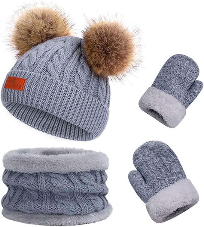 Duoyeree Baby Winter Hat Scarf Glove Beanie Set Girls Boys Pom Pom Knitted Beanie Mitten Scarves for Toddler 0-3T