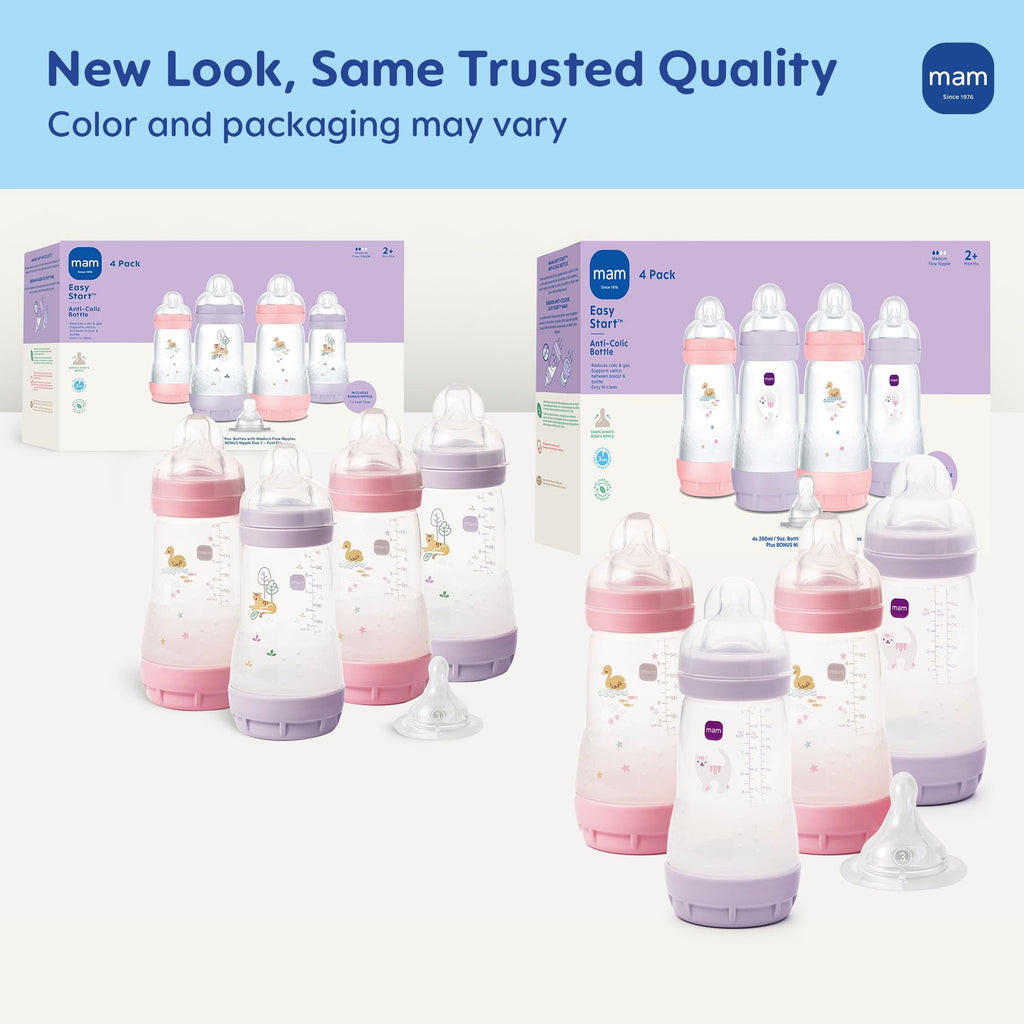 MAM 9oz Easy Start Anti-Colic+ Vented Baby Bottles, 2+ Months, 4 Pack, Girl