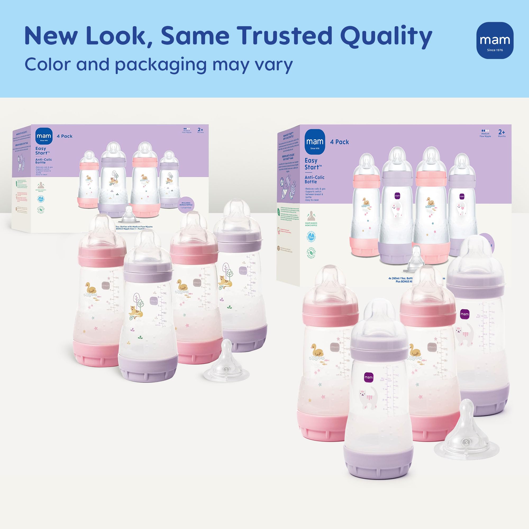 MAM 9oz Easy Start Anti-Colic+ Vented Baby Bottles, 2+ Months, 4 Pack, Girl