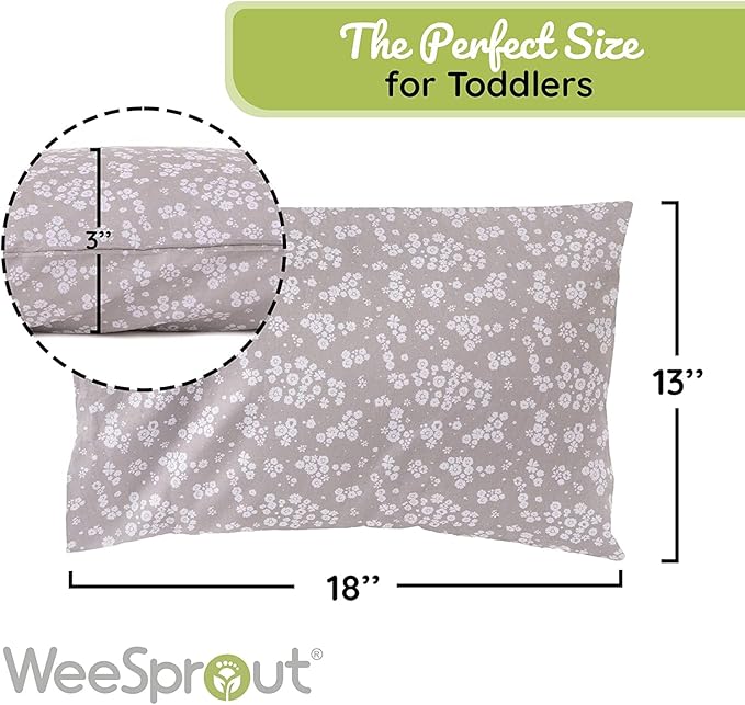 WeeSprout Toddler Polyester Organic Cotton Shell and 2 Pillowcases, Small Kids Pillow, Soft and Supportive Polyfiber Filling, Machine Washable, 18 x 13 x 3 (White + Floral Print, 3 Piece Set)